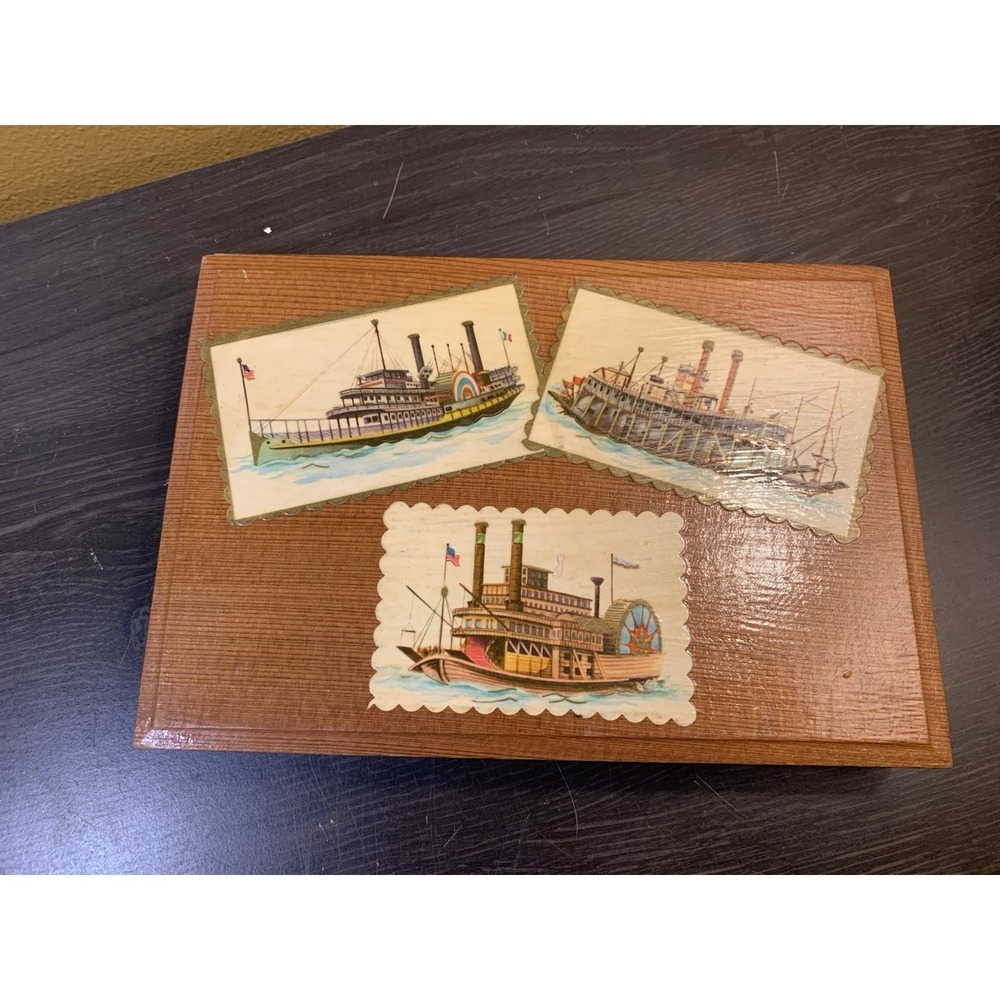Vtg Wooden Playing Card Storage Box Steamboat & 2 Sets Yorkie Playing Cards